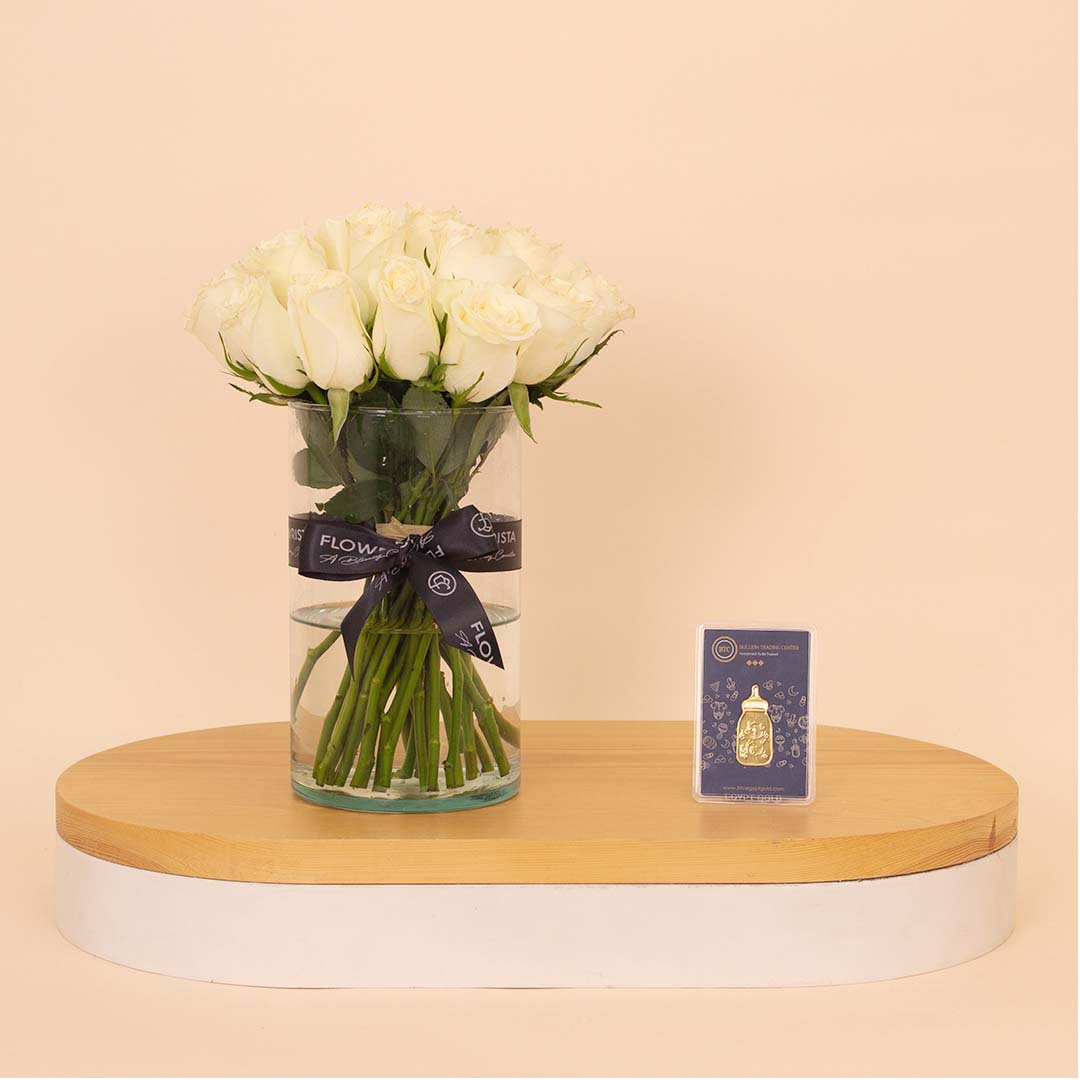 Flowrista Online Flowers Shop BTC Gold Baby Bottle 5g with White Roses Vase