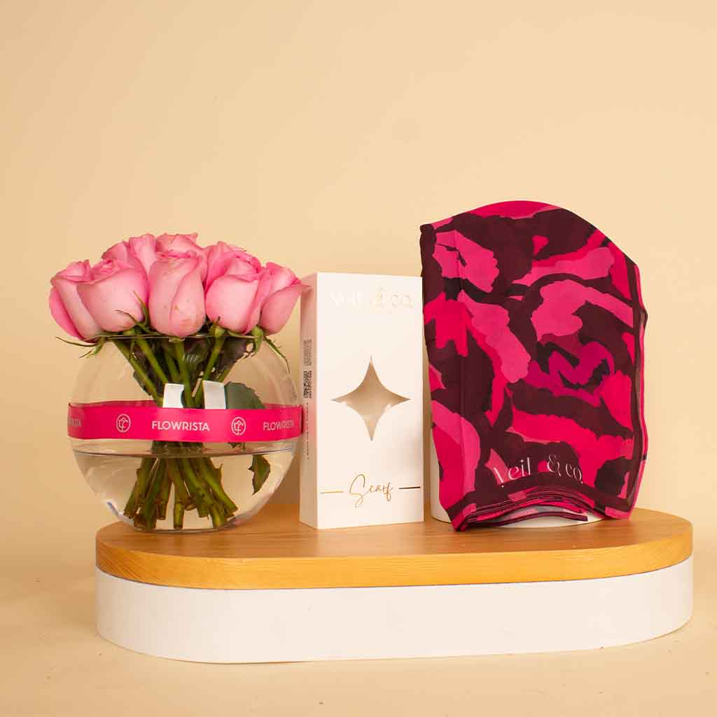 Flowrista Online Flowers Shop Veil & Co Crimson Whirl Chiffon Hijab | 15 Pink Rose Vase