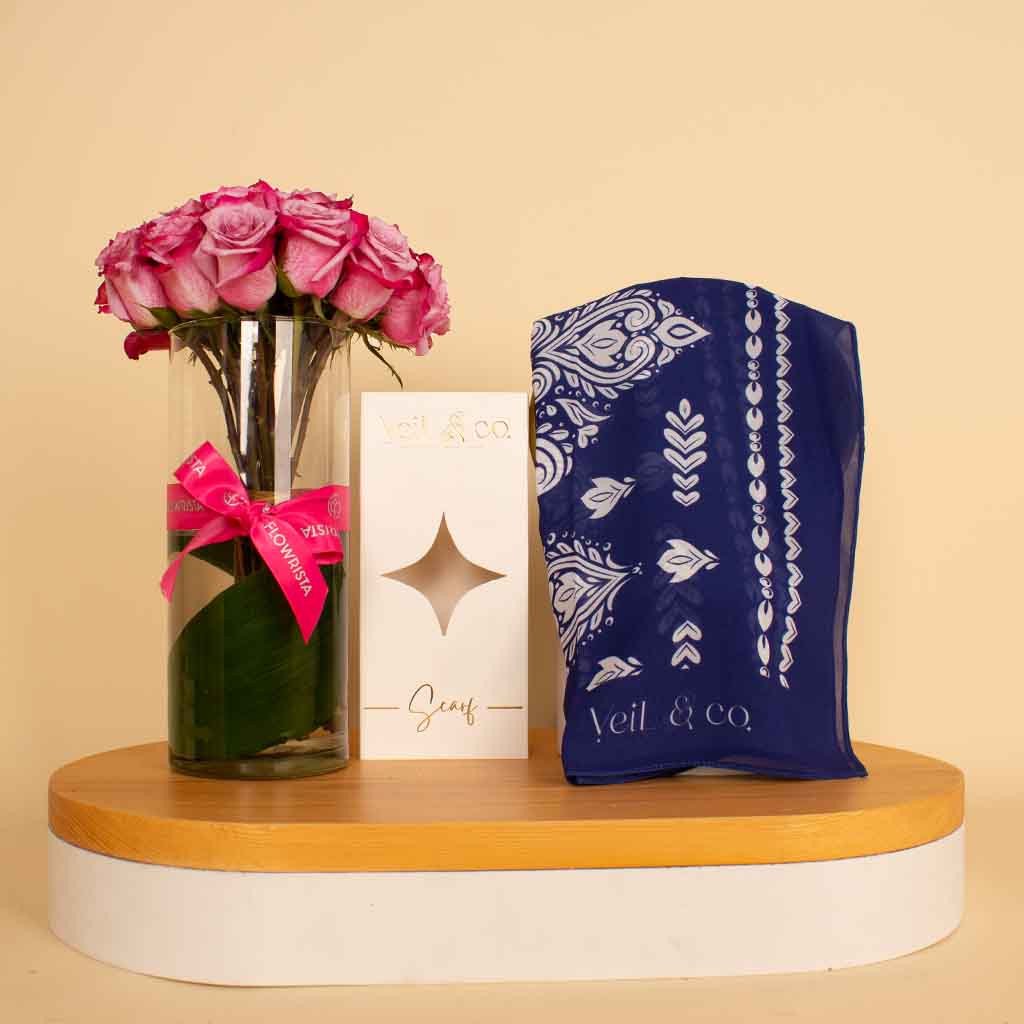 Flowrista Online Flowers Shop Veil & Co Grace Wrap chiffon hijab |  Purple Flower Vase with 20 Roses