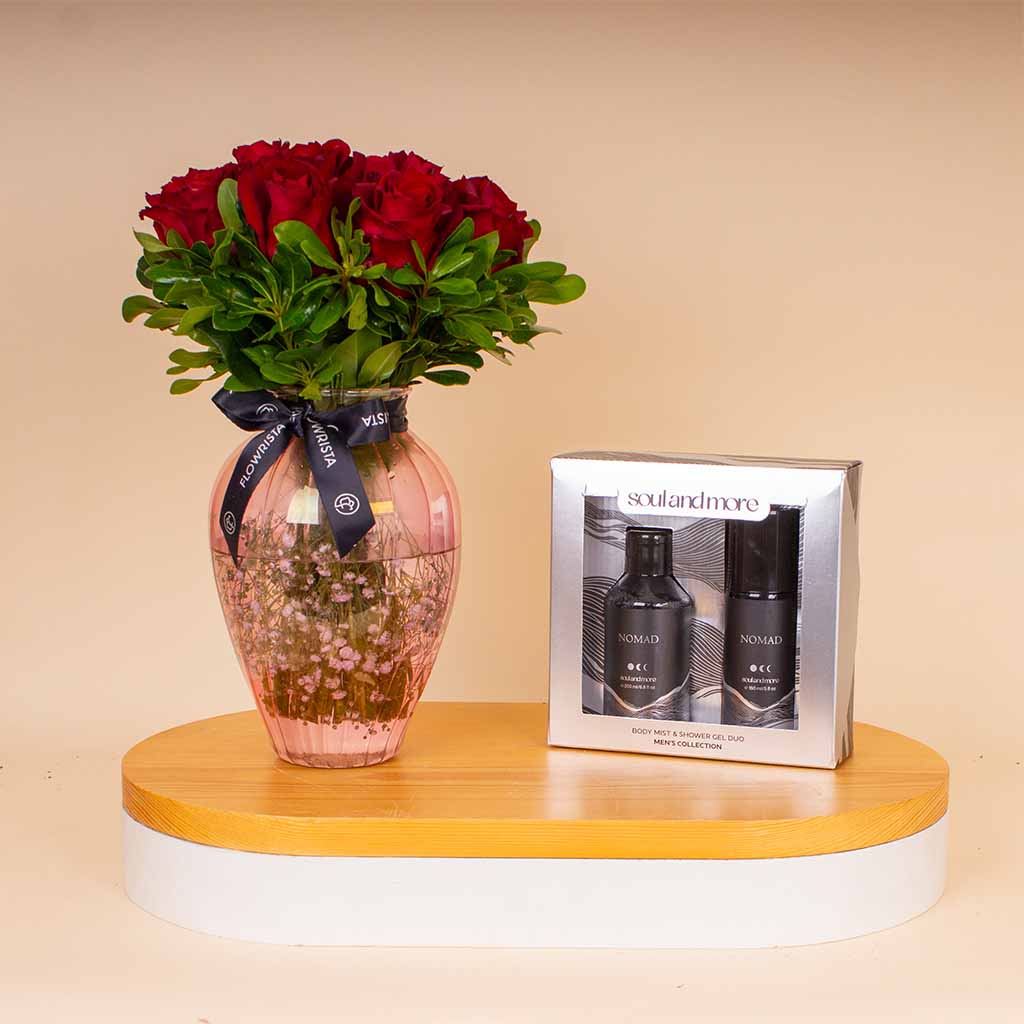 Flowrista Online Flowers Shop مجموعة سول آند مور نوماد مع مزهرية الورود الحمراء