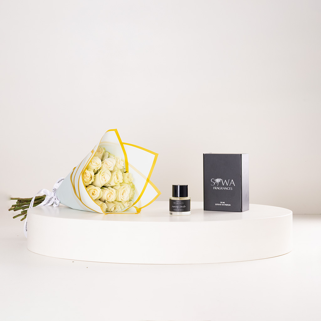 Flowrista Online Flowers Shop Siwa Layering Vanilla Eau de Parfum 50ml & White Roses Bouquet