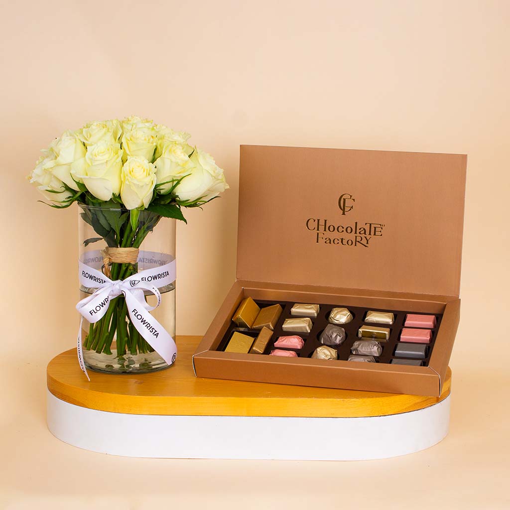Flowrista Online Flowers Shop Chocolate Factory  Luxe Box – 19 Pieces & White Roses Vase