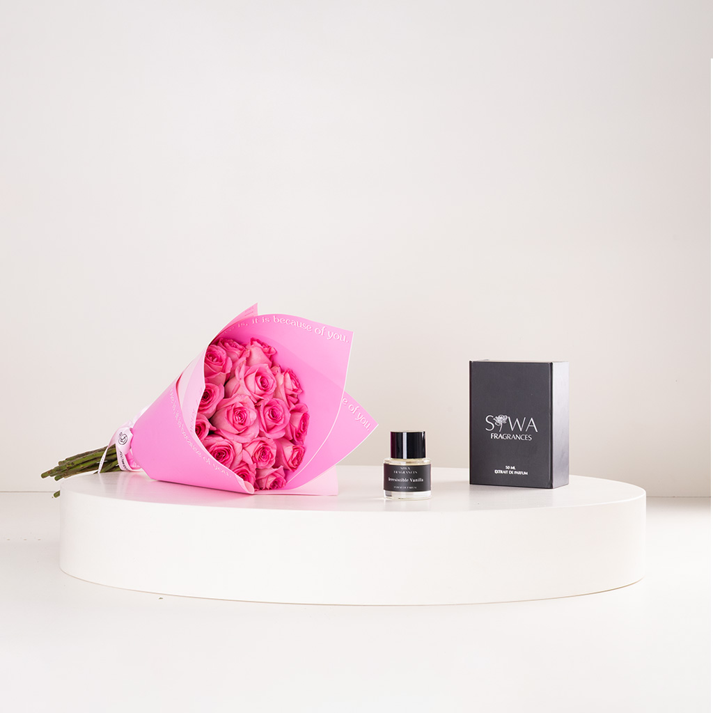 Flowrista Online Flowers Shop Siwa Irresistible Vanilla Eau de Parfum 50ml & Pink Roses Bouquet
