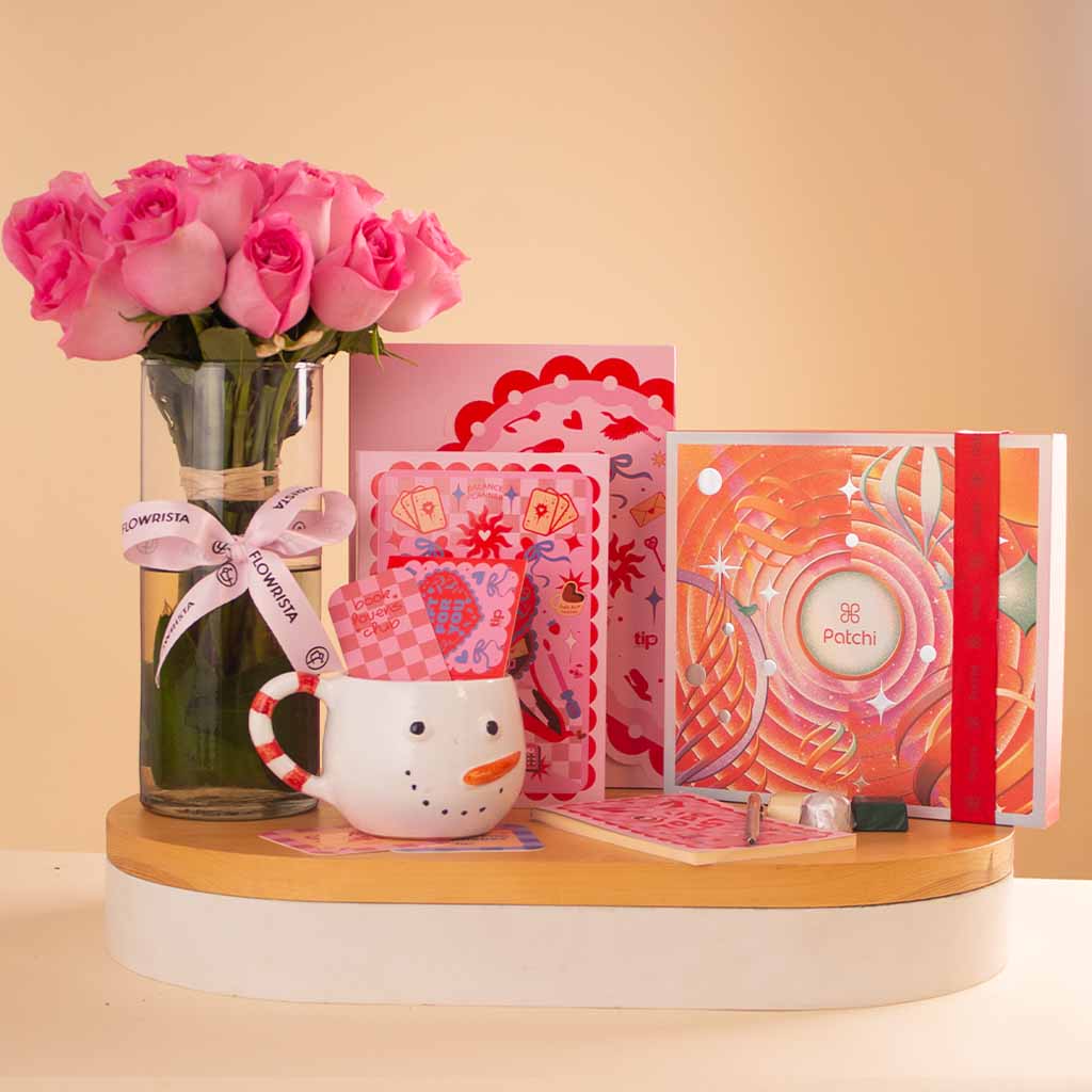Flowrista Online Flowers Shop Blushy Heart Balance Box, Patchi Joyful Moments & 15 Pink Roses Vase