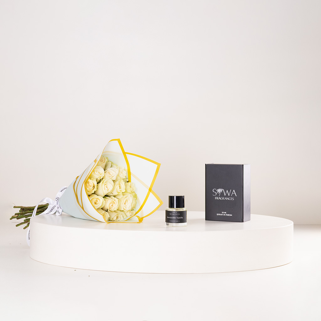 Flowrista Online Flowers Shop Siwa Irresistible Vanilla Eau de Parfum 50ml & White Roses Bouquet