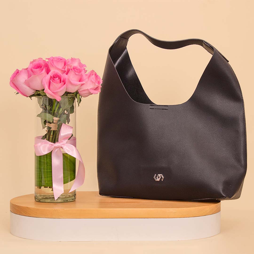 Flowrista Online Flowers Shop حقيبة Cocan Black مع فازة من 15 وردة وردية