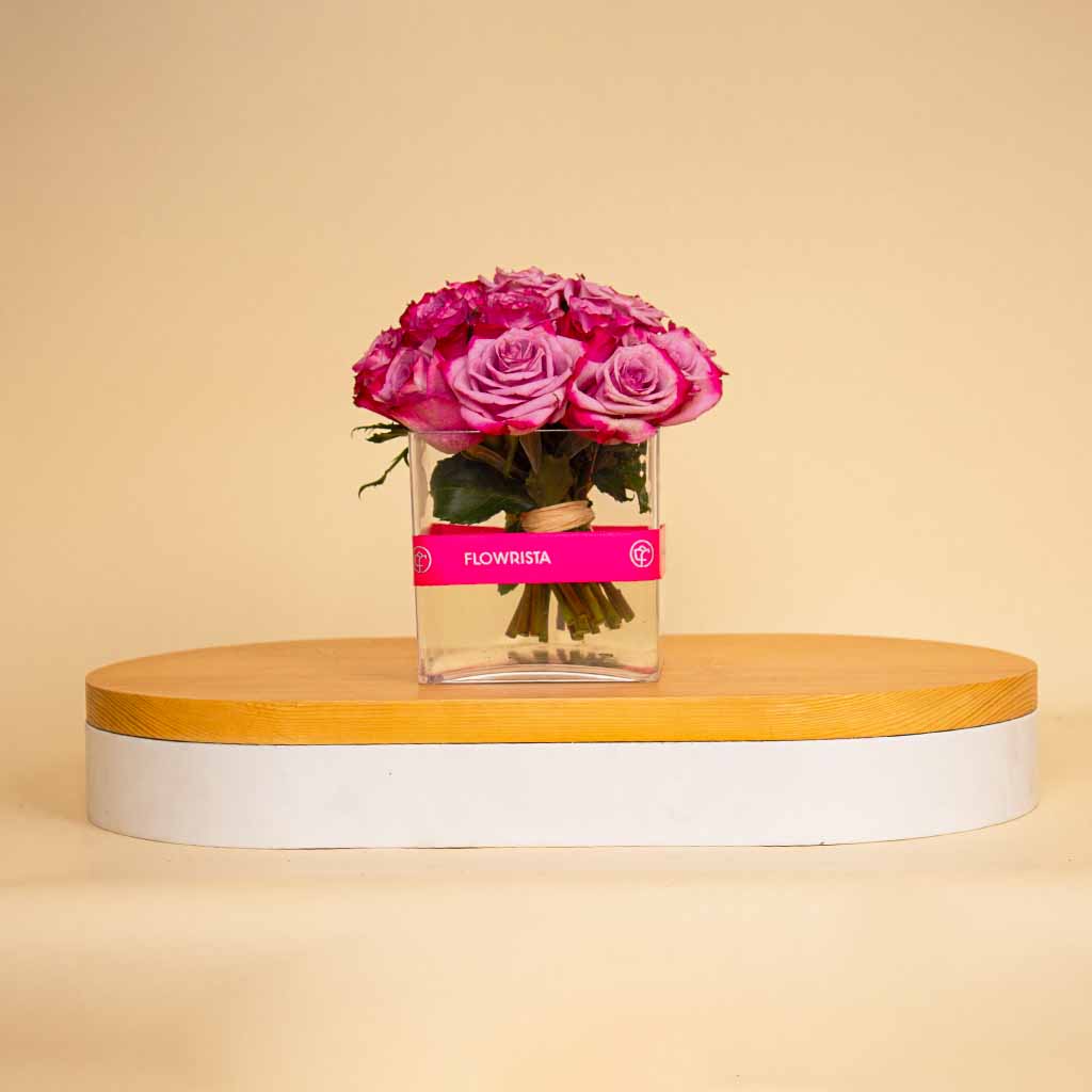 Flowrista Online Flowers Shop Deep Purple Roses Cube Vase – 20 Flowers