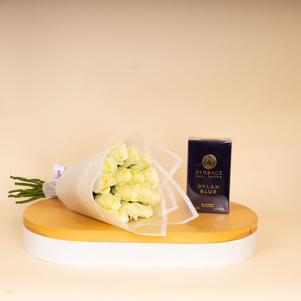 Flowrista Online Flowers Shop Versace Dylan Blue Eau de Toilette for Men 200 ml &  White Roses Bouquet