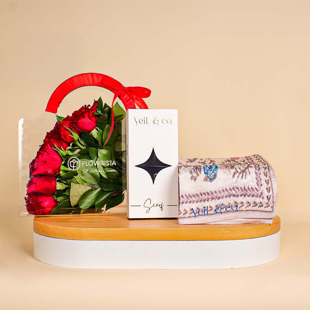 Flowrista Online Flowers Shop Veil & Co Imperial Silk Hijab | Valentine's Red Rose Bag