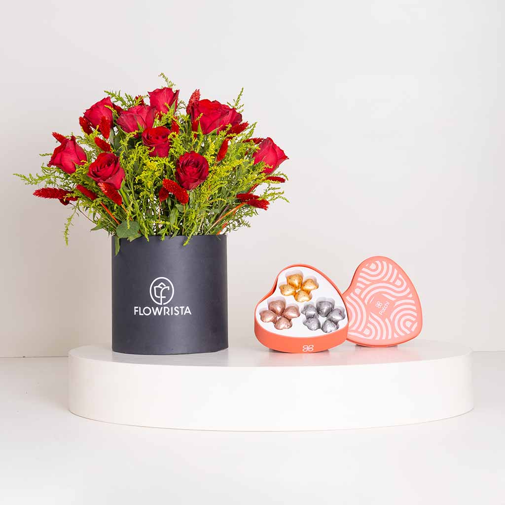 Flowrista Online Flowers Shop Patchi Tin Box of 22 Pieces & Red Botanica Box