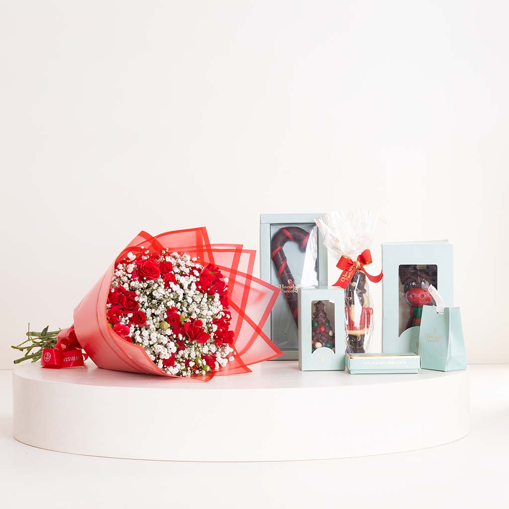 Flowrista Online Flowers Shop Chocolate Factory Chocolate Collection & Red Baby Rose Bouquet