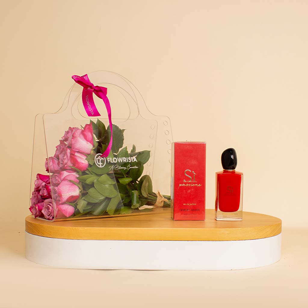 Flowrista Online Flowers Shop مجموعة هدايا فاخرة: عطر جورجيو أرماني سي باسيوني و12 وردة