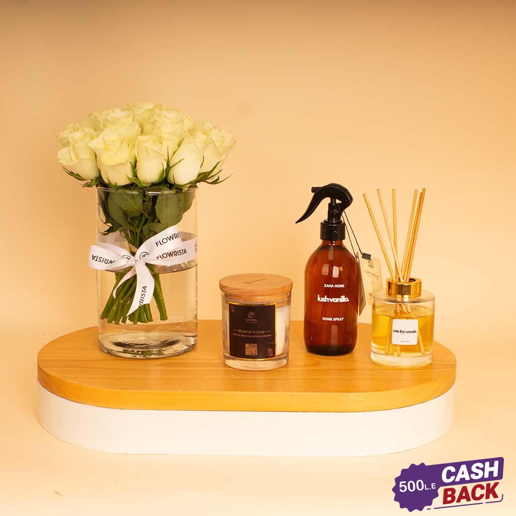 Flowrista Online Flowers Shop Zaha Home Serenity & Roses Bundle - Vanilla Spray & Oud Diffuser & Bliss Candle & White Roses