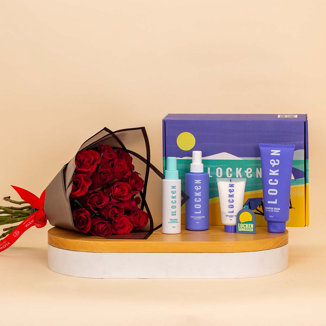 Flowrista Online Flowers Shop صندوق لوكين الصيفي المُشمس مع باقة من الورود الحمراء
