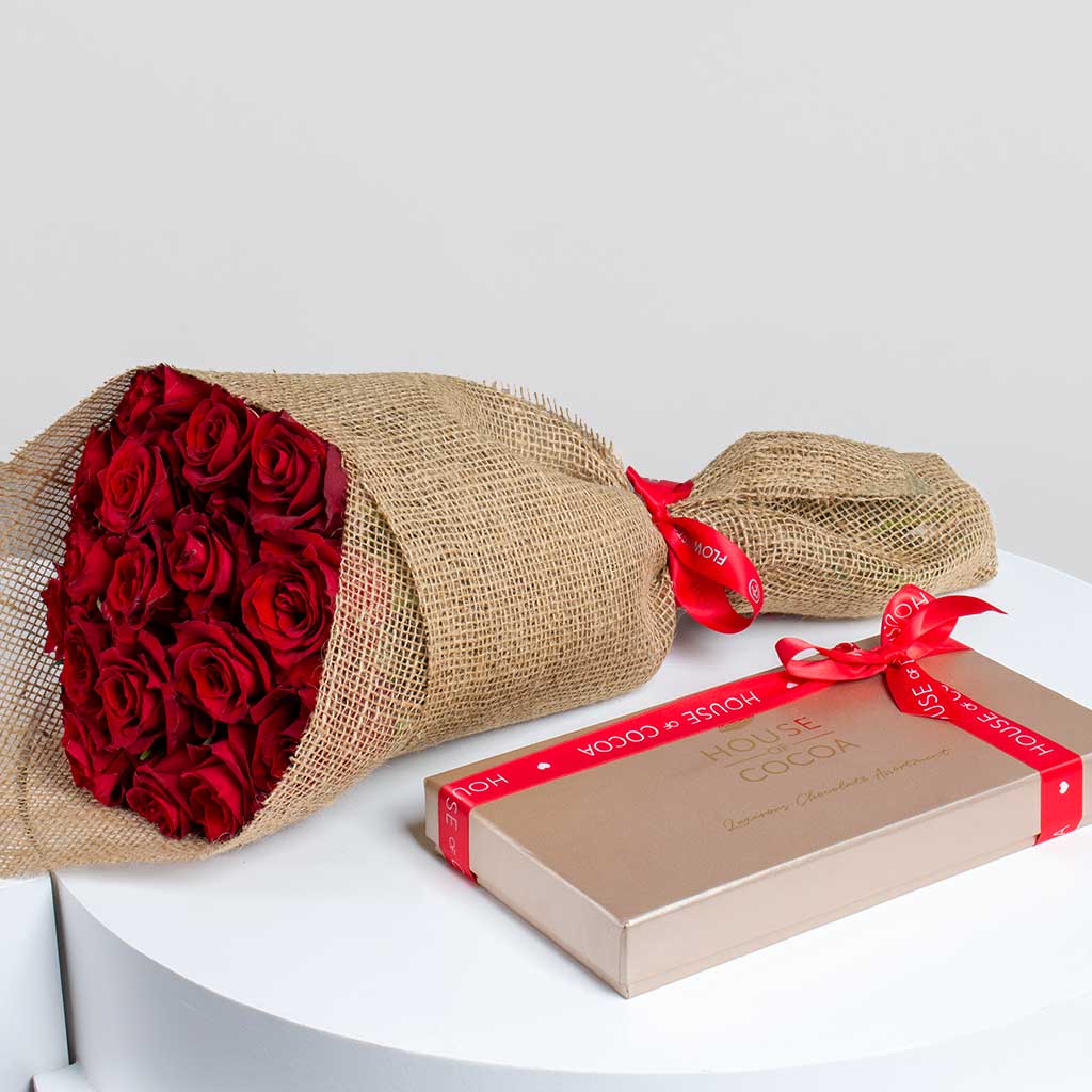 Flowrista Online Flowers Shop بوكس شوكولاتة هاوس أوف كاكاو 32قطعة و 20 وردة حمراء