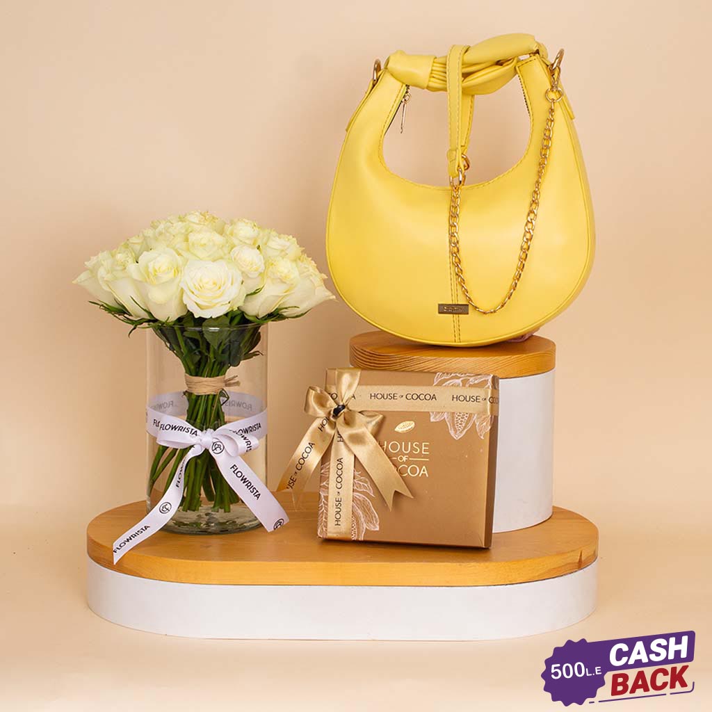 Flowrista Online Flowers Shop Alamki Bella Yellow Bag & White Roses Vase & House of Cocoa Chocolate Box