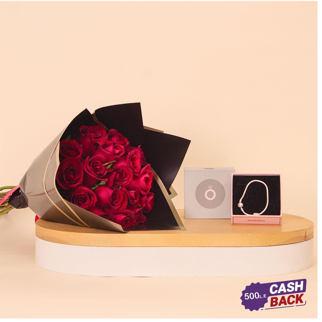 Flowrista Online Flowers Shop Pandora Moments Bracelet with Pavé Heart Clasp & 15 Red Roses