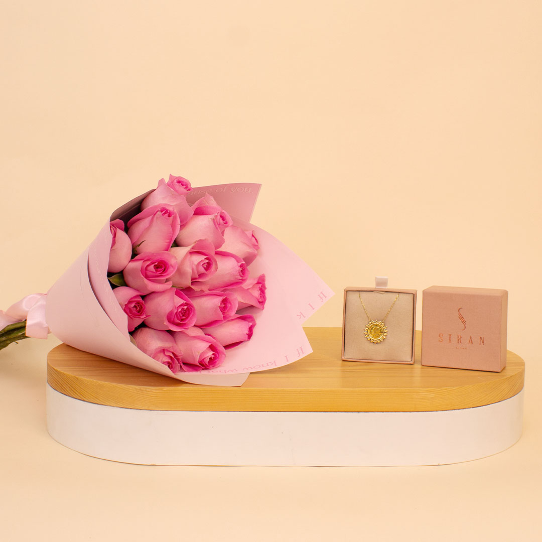Flowrista Online Flowers Shop سلسلة ربع جنيه ذهب مع بوكيه 15 وردة وردية