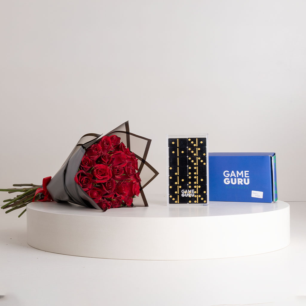 Flowrista Online Flowers Shop Game Guru Acrylic Dominoes Black-Gold & Red Roses Bouquet