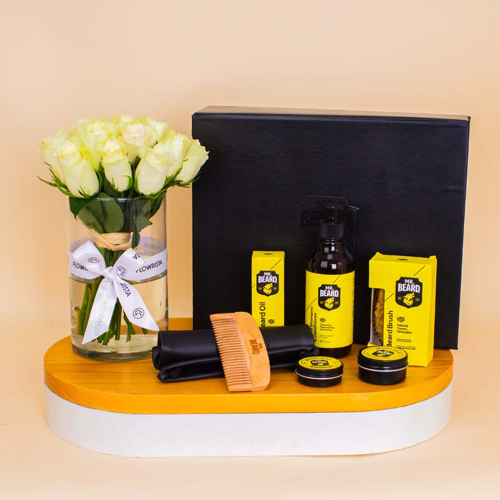 Flowrista Online Flowers Shop The Master’s Beard Kit – Premium Gift Edition & White Roses Vase