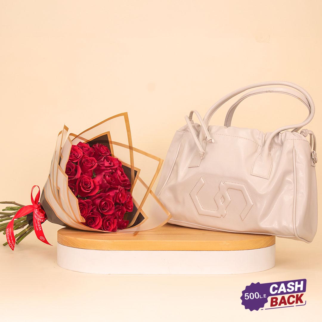 Flowrista Online Flowers Shop حقيبة كوكان بيج مع باقة يد من 20 وردة حمراء