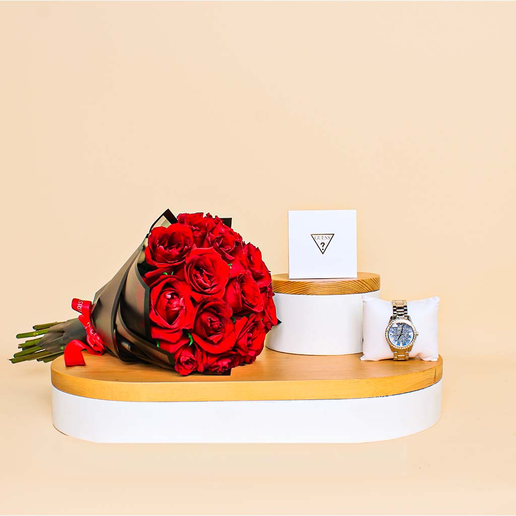 Flowrista Online Flowers Shop ساعة جيس جليتر بيرست دايموندز زرقاء للنساء | 15 بوكية ورود الحمراء