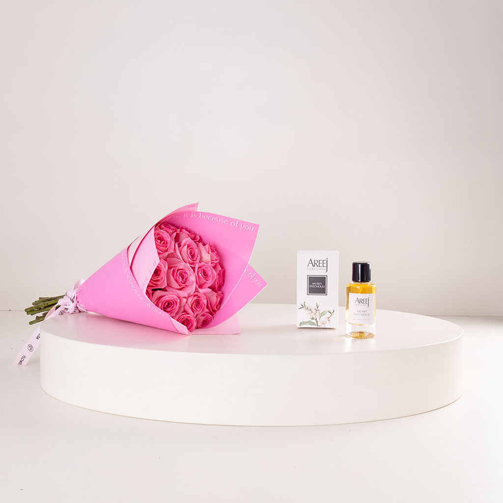 Flowrista Online Flowers Shop أريج مسك باتشولي مع بوكية 20 وردة وردية