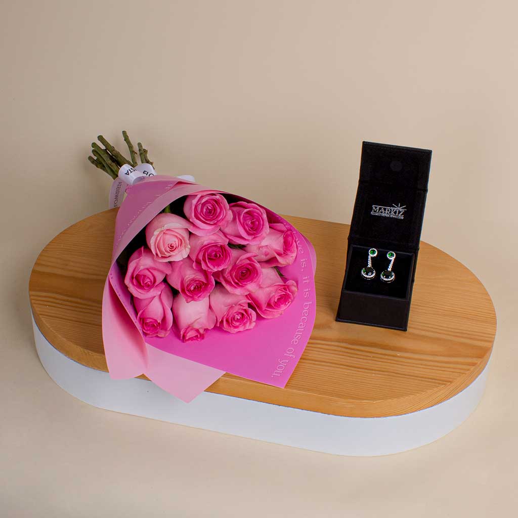 Flowrista Online Flowers Shop Markiz Zircon Earrings & Pink Roses Hand Bouquet