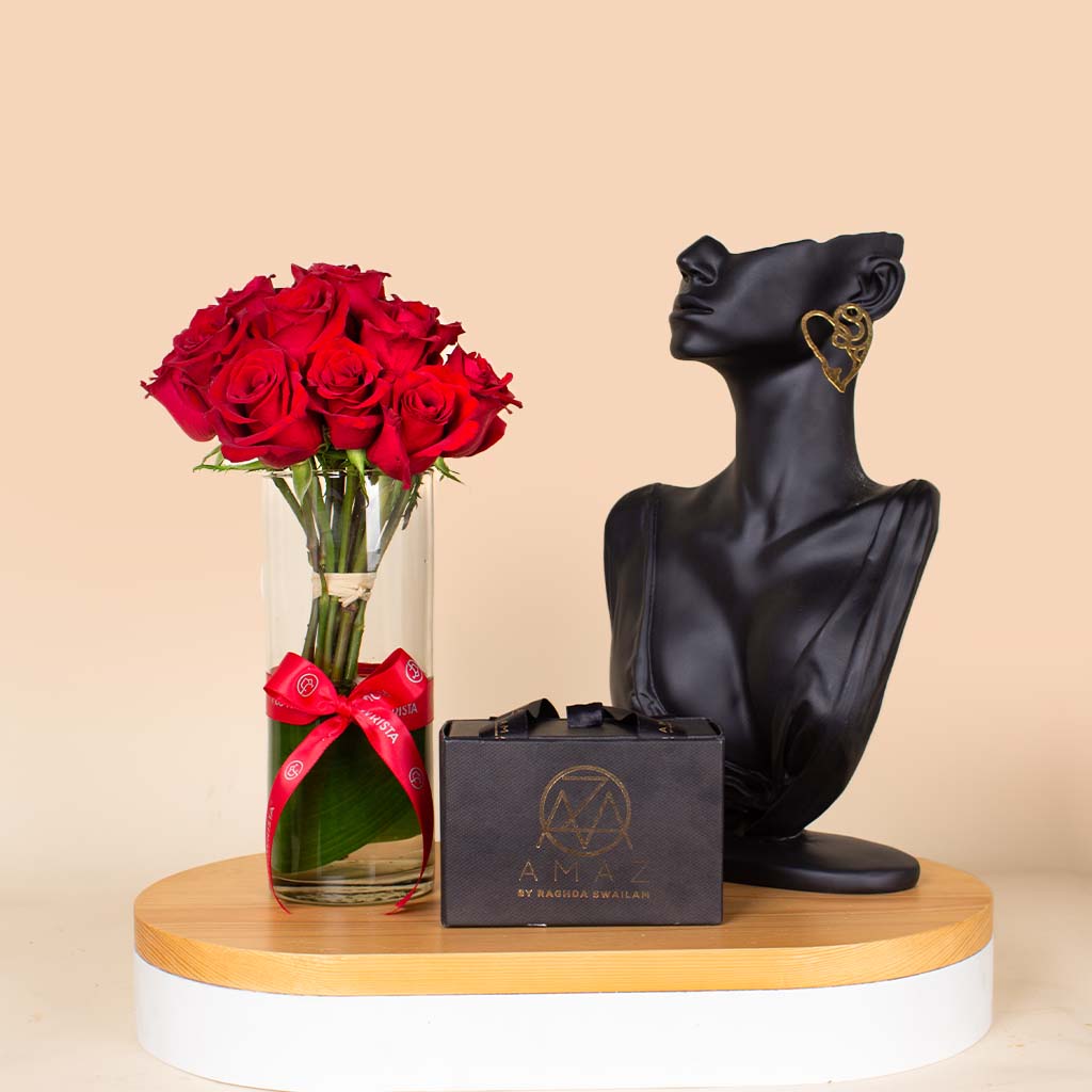 Flowrista Online Flowers Shop حلق أماز إترنال لوف و فازة من 15 وردة حمراء
