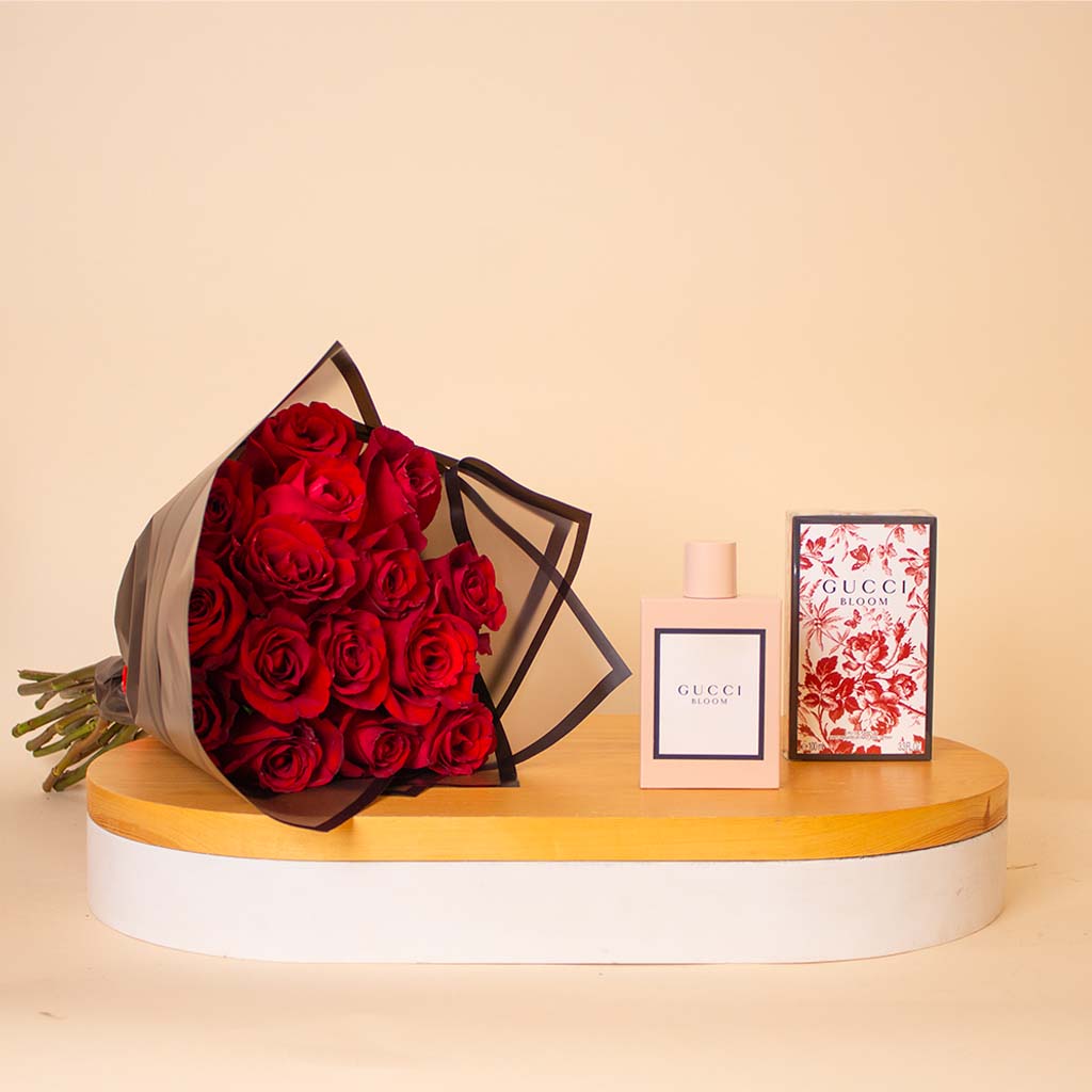 Flowrista Online Flowers Shop Gucci Bloom EDP For Women 100ml & Red Roses Bouquet