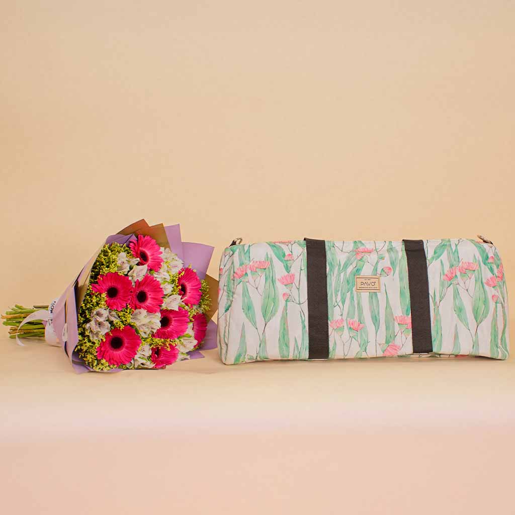 Flowrista Online Flowers Shop Pavo Rose Lily Duffle Bag & Gerbera Unique Bouquet