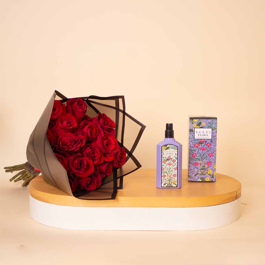 Flowrista Online Flowers Shop غوتشي فلورا جورجيوس ماغنوليا للنساء عطر أو دو بارفان، ١٠٠ مل مع باقة من ١٥ وردة حمراء