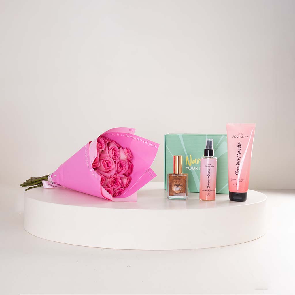 Flowrista Online Flowers Shop Joviality Strawberry Bronze Body Care Trio & Pink Roses Bouquet