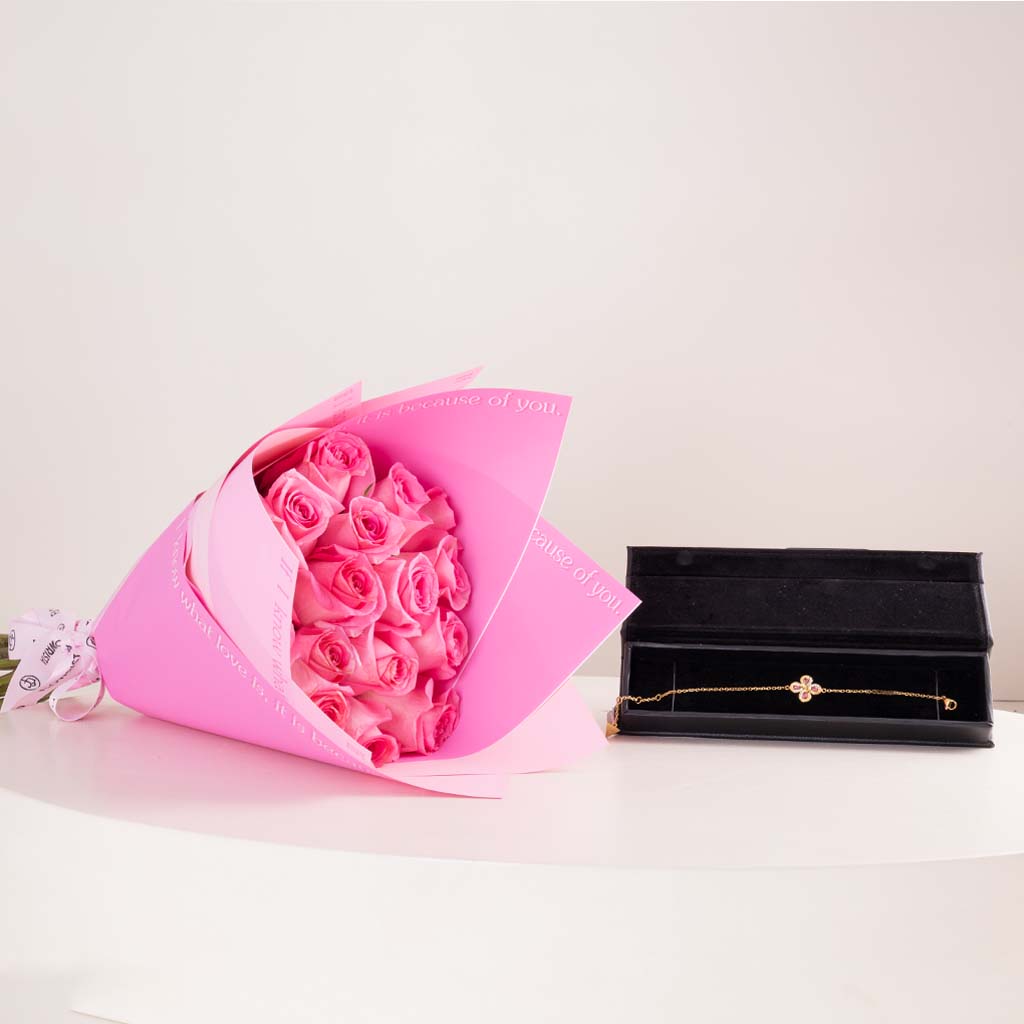Flowrista Online Flowers Shop Guess Flower Blossom Bracelet & Pink Roses Bouquet