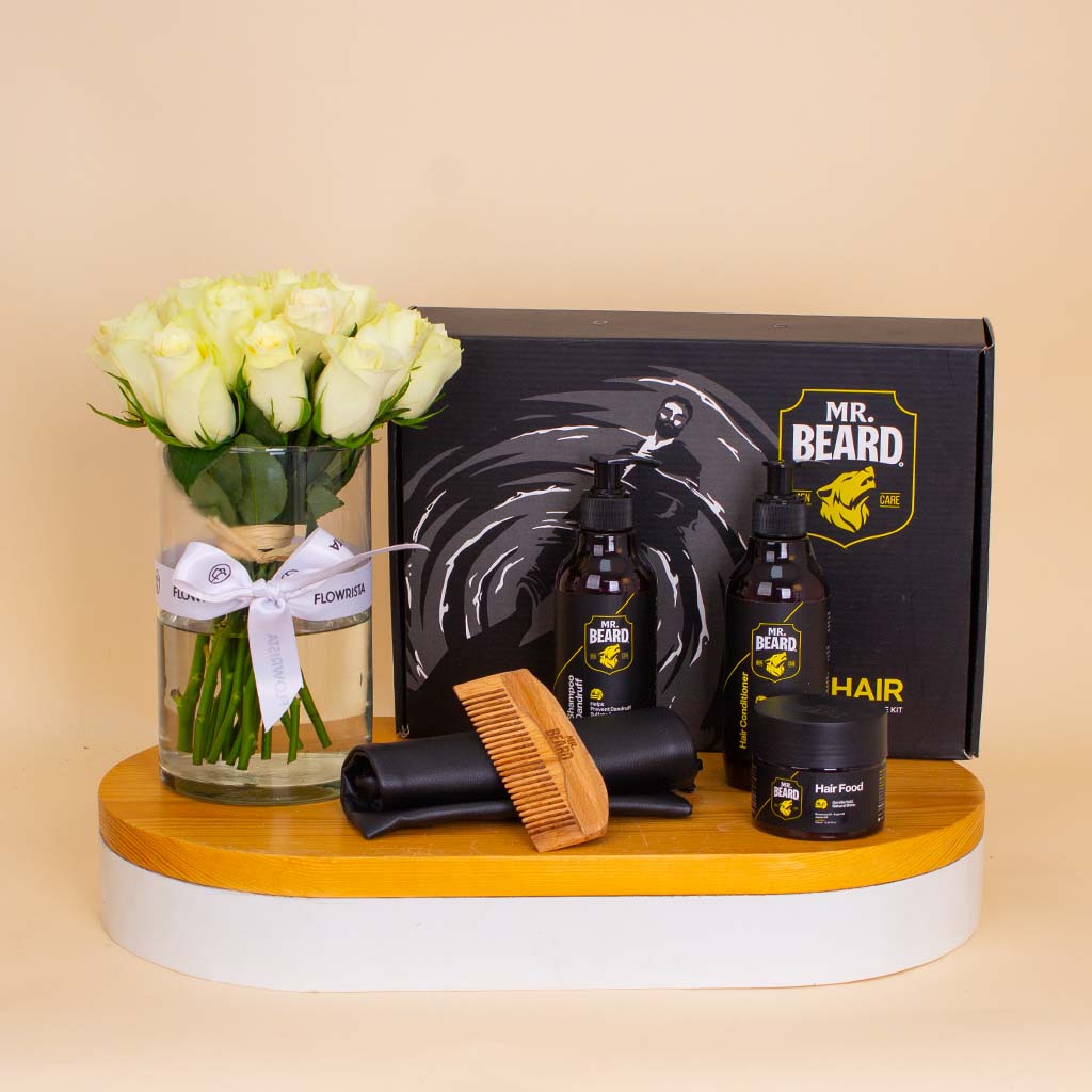 Flowrista Online Flowers Shop Master Beard Hair Care Kit & White Roses Vase