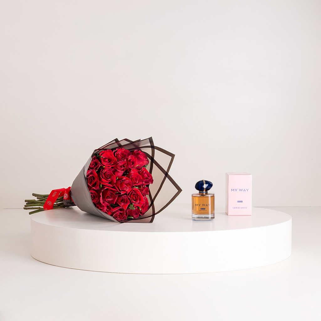 Flowrista Online Flowers Shop عطر جورجيو أرماني ماي واي أو دو بارفان 90 مل وباقة ورود حمراء