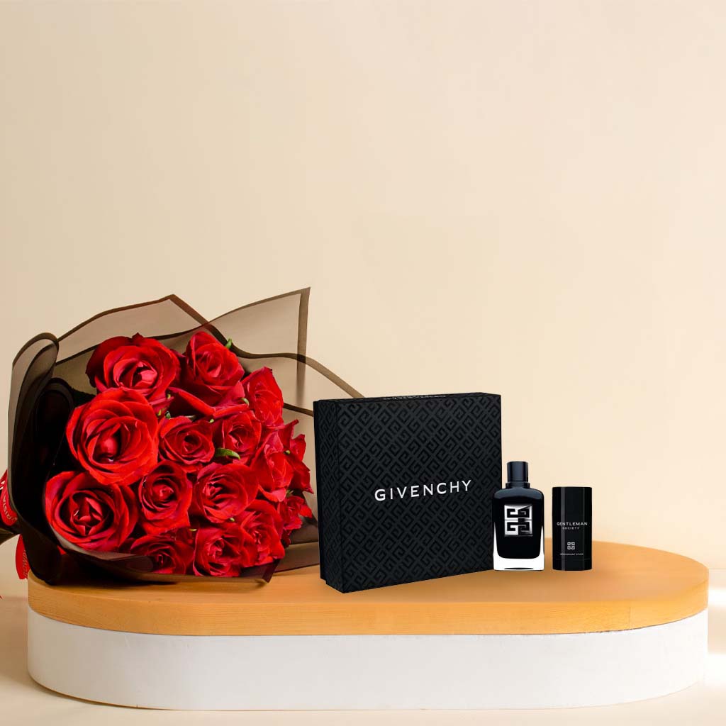 Flowrista Online Flowers Shop عطر جيفنشي جنتلمان سوسايتي ١٠٠ مل و باقة يد من ١٥ وردة حمراء