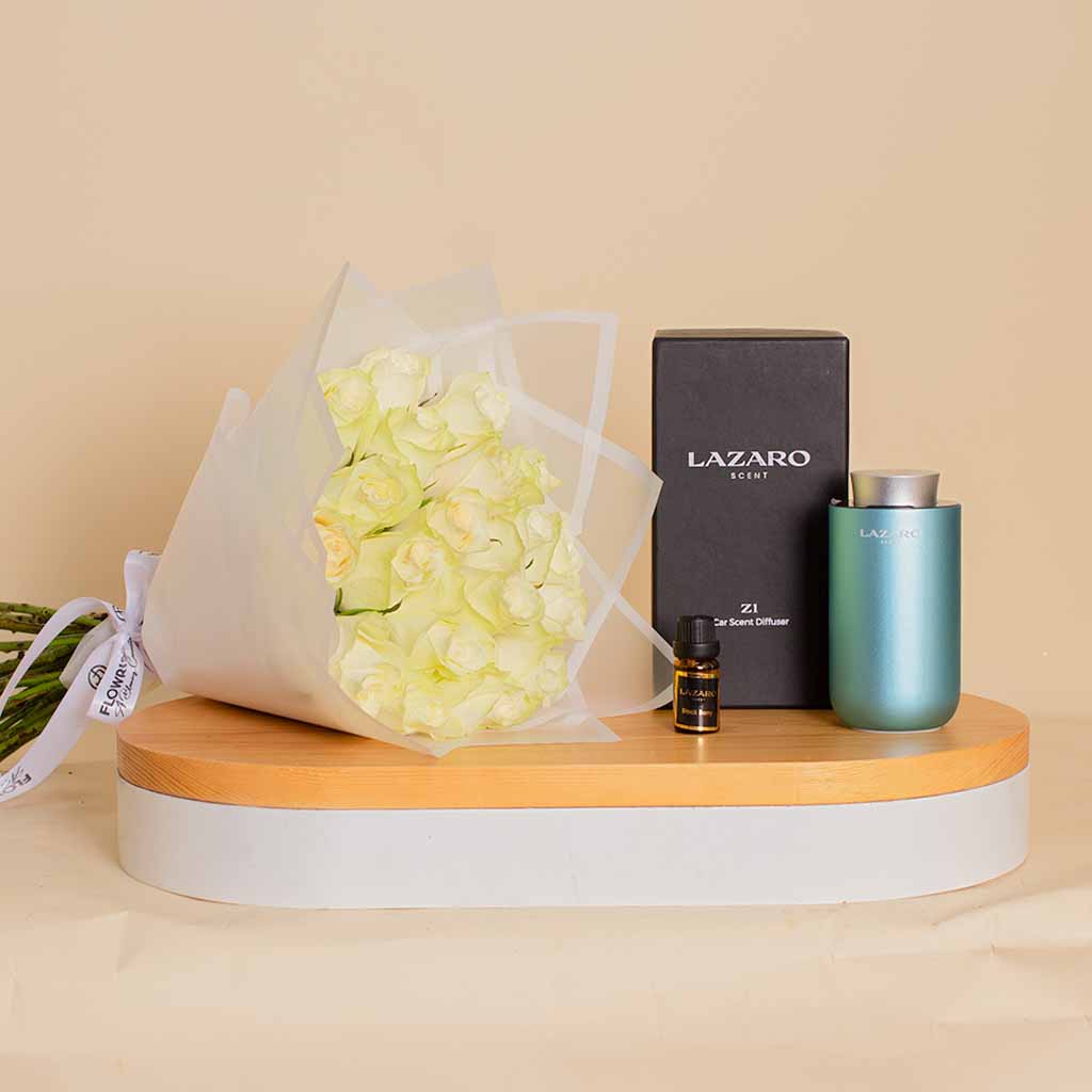 Flowrista Online Flowers Shop Lazaro Z1 Car Scent Diffuser cyan And 25 White Roses