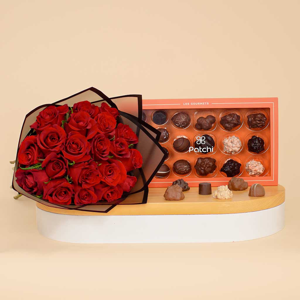 Flowrista Online Flowers Shop باتشي علبة 46 قطعة لي جورميه و 20 بوكية ريديش