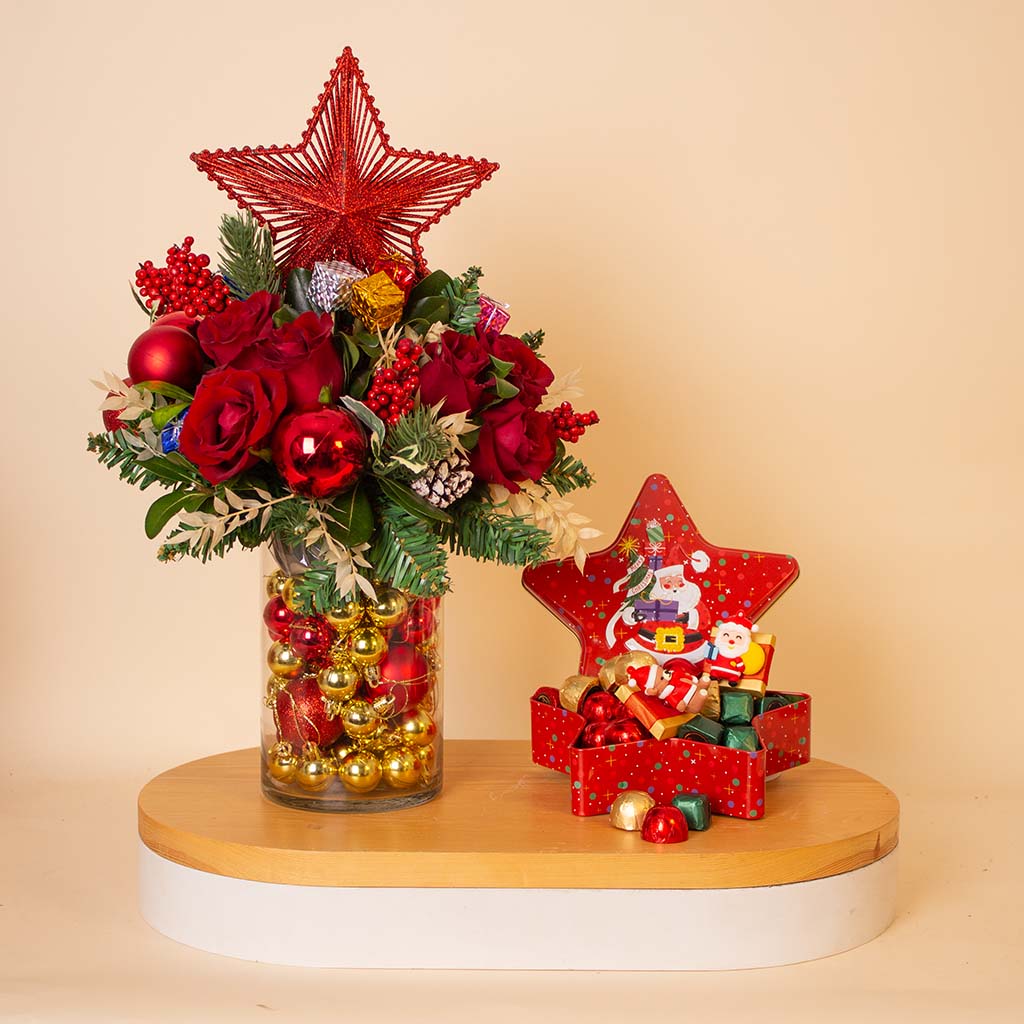 Flowrista Online Flowers Shop Passionelle New Year Star Tin 620g & Festive Roses Vase