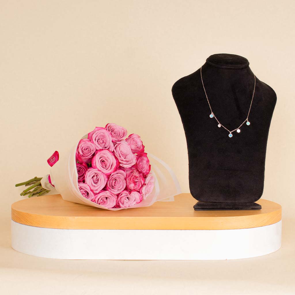 Flowrista Online Flowers Shop Markiz Rhodium Opal Necklace and 15 Purple Flower Bouquet