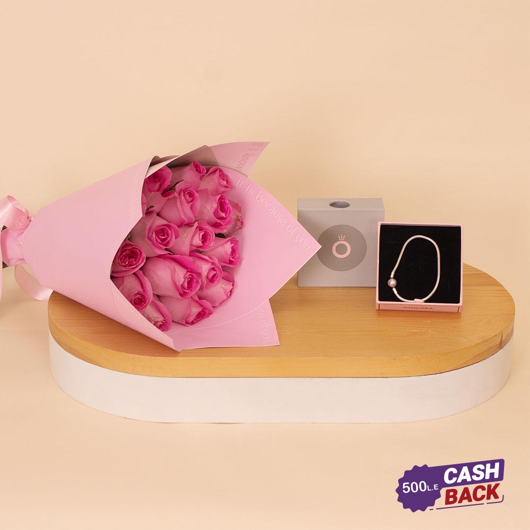 Flowrista Online Flowers Shop سوار باندورا بسلسلة ثعبان و15 وردة وردية