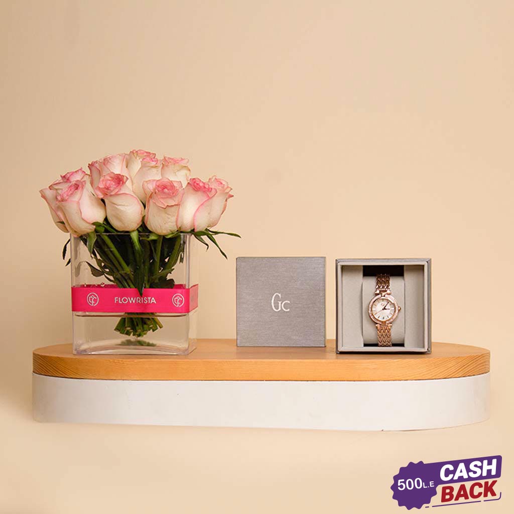 Flowrista Online Flowers Shop Guess  Analog Watch for Women and 20 Rose Pink Vase