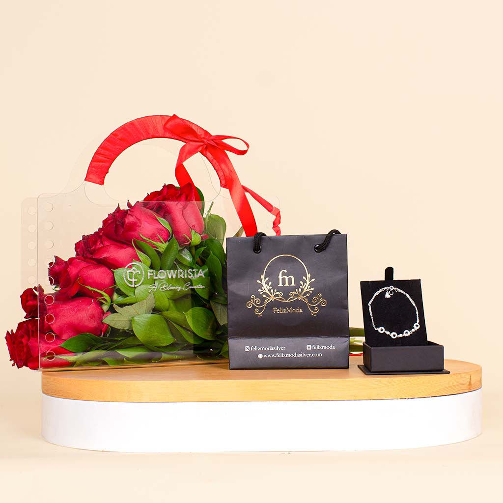 Flowrista Online Flowers Shop FelizModa Black Stones Silver Bracelet & Red Roses Bag