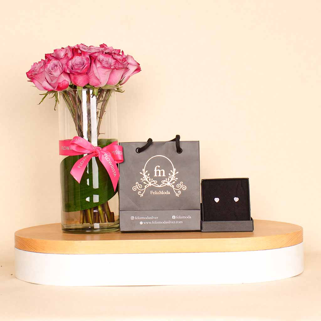 Flowrista Online Flowers Shop FelizModa Heart silver earrings with zircon stone |Purple Flower Vase