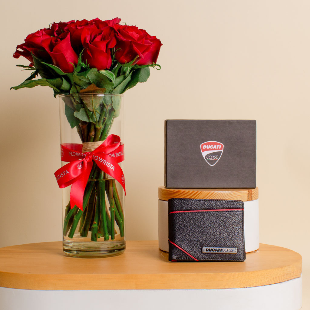 Flowrista Online Flowers Shop محفظة دوكاتي كورس DTC GW2200702 | مزهرية وردة حمراء - ١٥ ساقًا