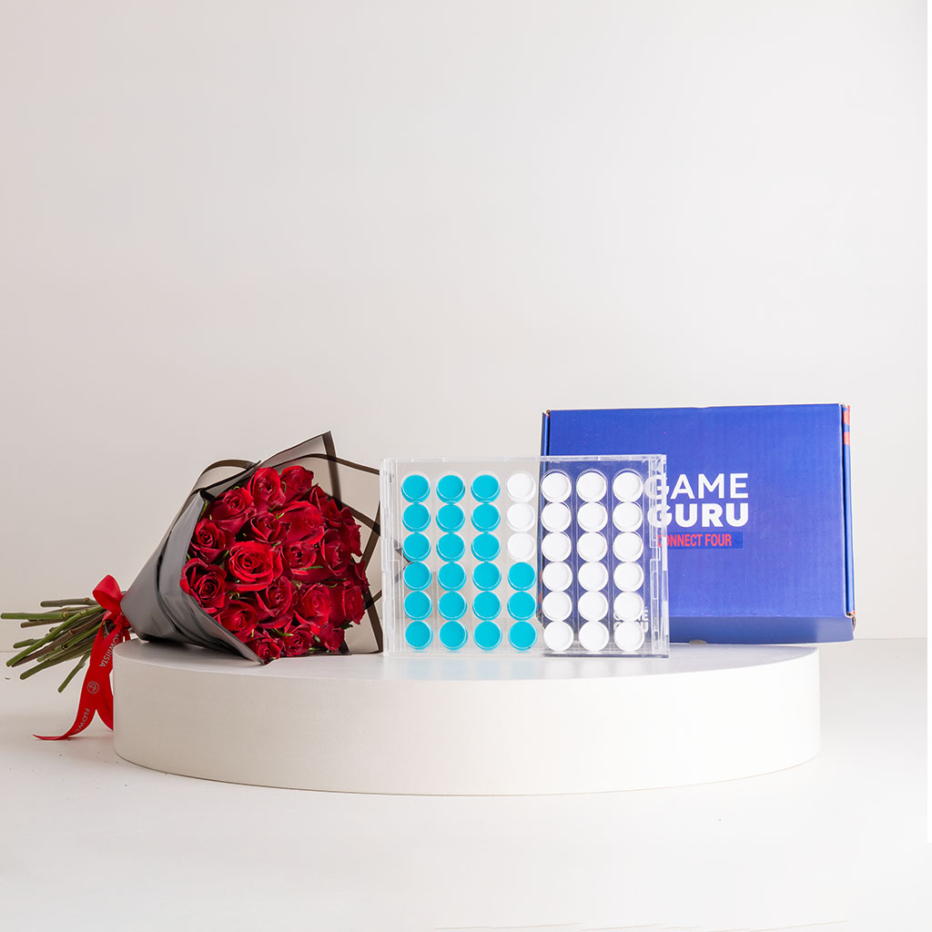 Flowrista Online Flowers Shop Game Guru Acrylic Connect Four Turquoise-White & Red Roses Bouquet