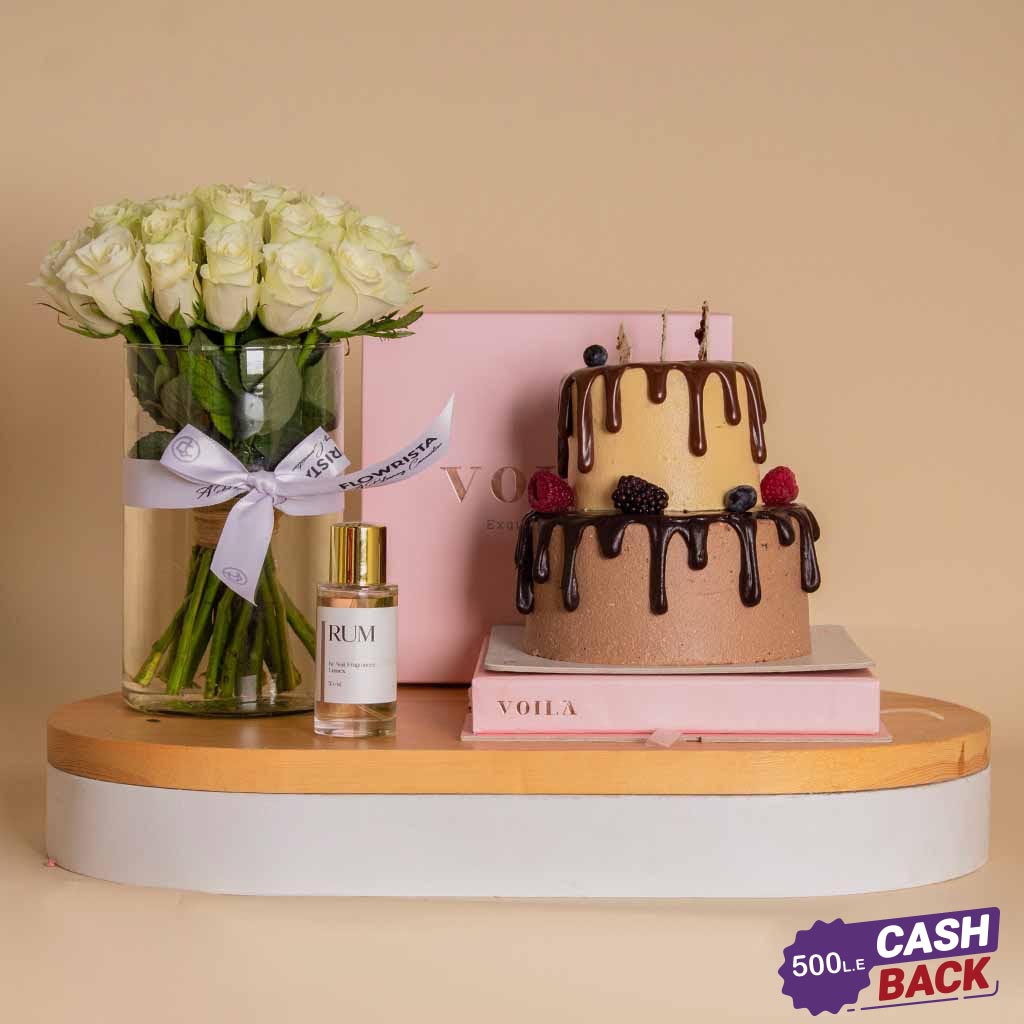 Flowrista Online Flowers Shop مجموعة هدايا فاخرة - كيكة فويلا، ورود وعطر نوي