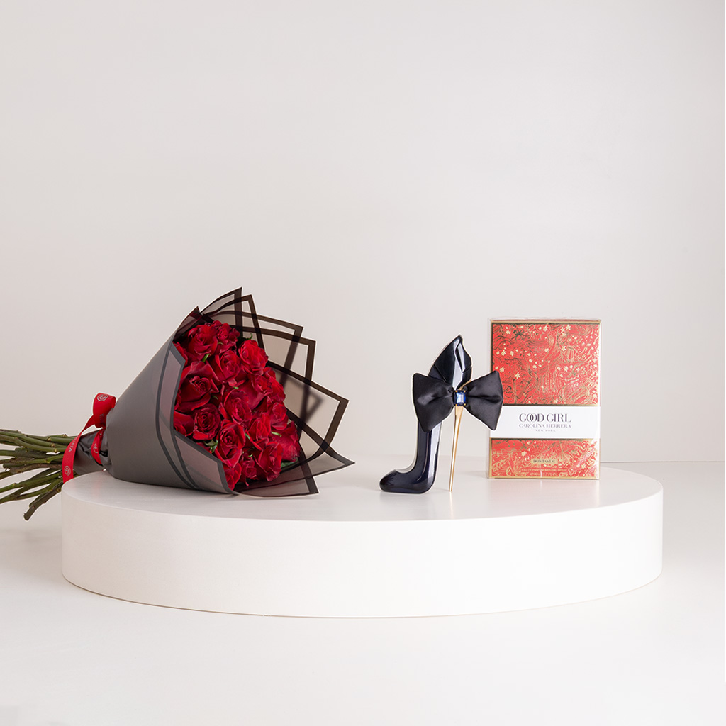 Flowrista Online Flowers Shop عطر كارولينا هيريرا جود جيرل بوتاستيك أو دو بارفان 80 مل وباقة ورود حمراء
