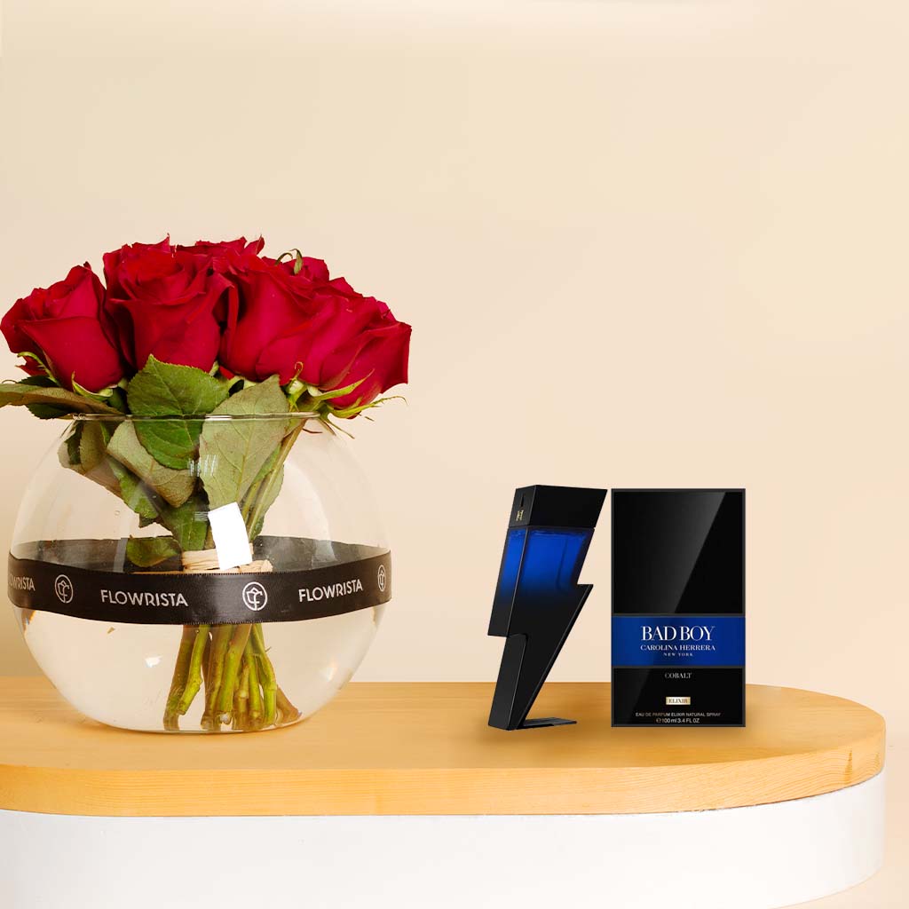 Flowrista Online Flowers Shop Carolina Herrera Bad Boy Cobalt Perfume 100ML and 15 Red Roses Vase
